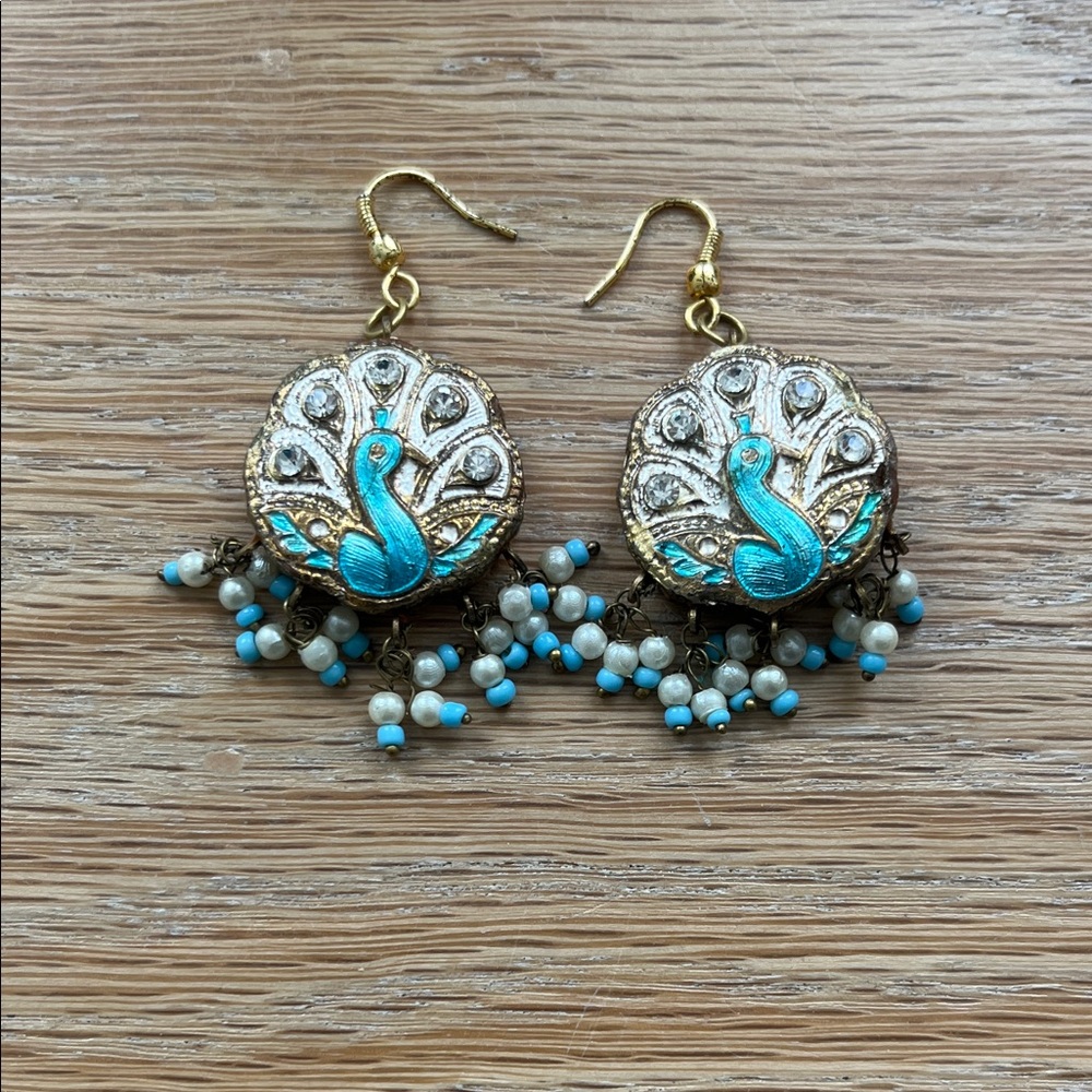 Peacock Earrings with Blue and Gold Accents